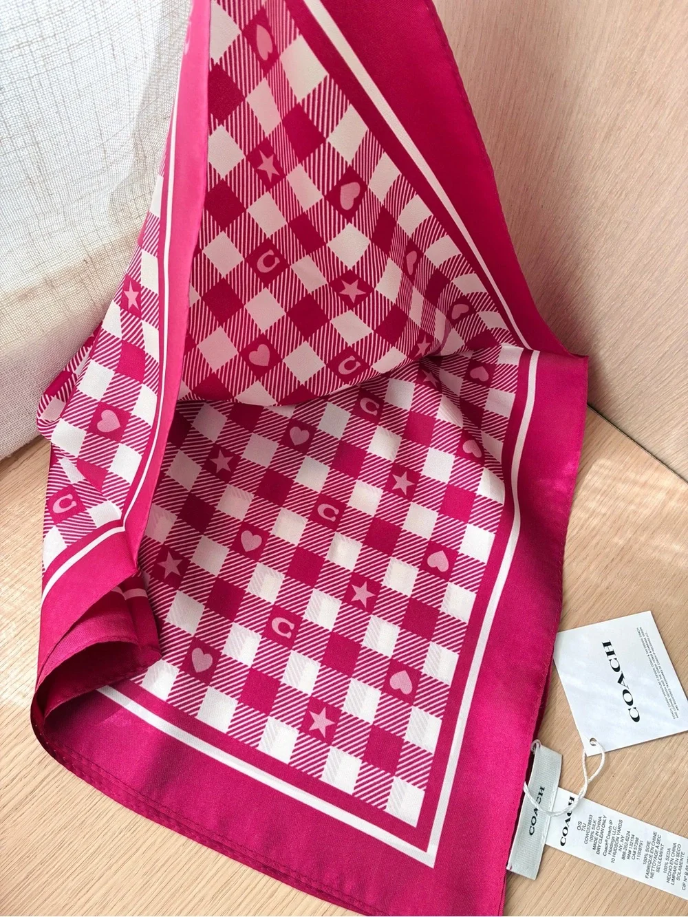 NWT💕Coach Pink Gingham Play Printed Silk Bandana Square Scarf Gift Bag Accessory